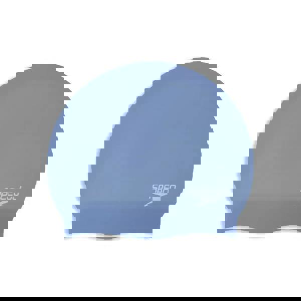 Blue Speedo long hair silicone swim cap with white logo