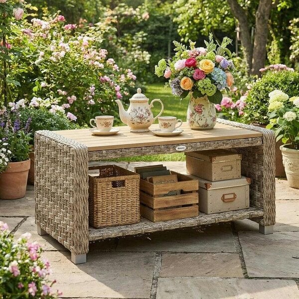 Outdoor Coffee Table with Storage Shelf, PE Rattan Side Table with Slatted Top and Foot Pads, Light Brown