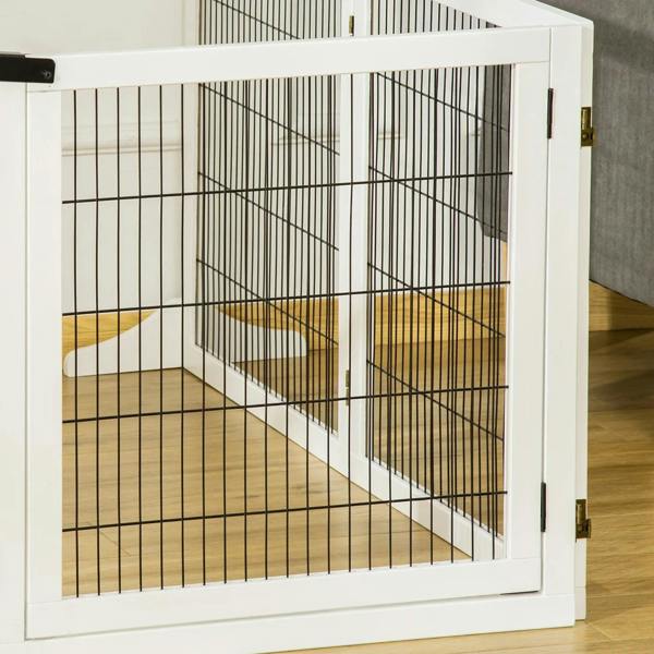 White pet gate close-up with black wire mesh and side latch hardware