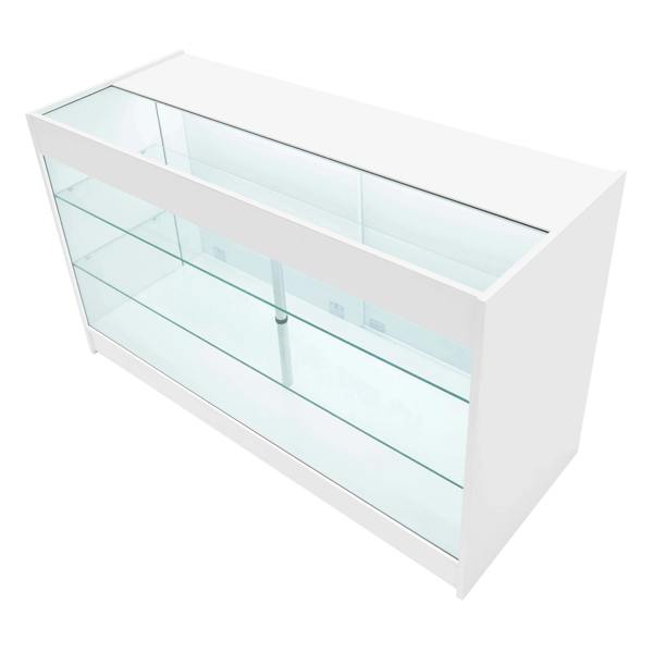Sleek white Apollo LED shop counter set with glass shelves, featuring a modern design and bright LED lighting for display purposes