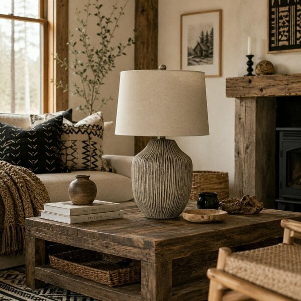 Wyld Haus Ochre Carved Textured Table Lamp With Linen Shade