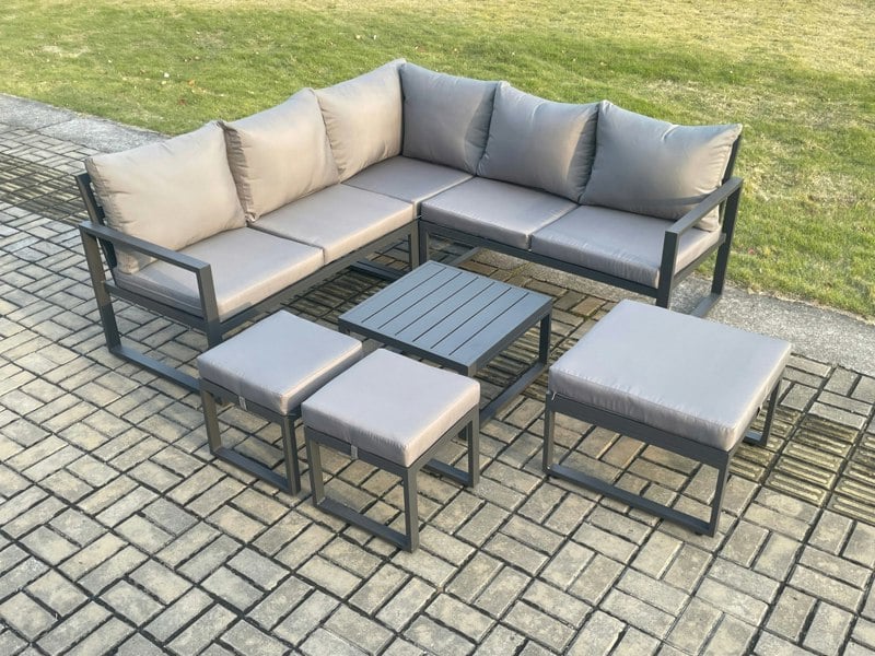 Fimous Outdoor Garden Furniture Set Aluminium Lounge Sofa Square Coffee Table Sets with 3 Footstools Indoor Conservatory Set Dark Grey