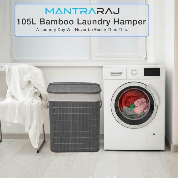 MANTRARAJ Bamboo Laundry Basket 105L Laundry Hamper with Lid Foldable Laundry Bin with 2 Compartments Grey