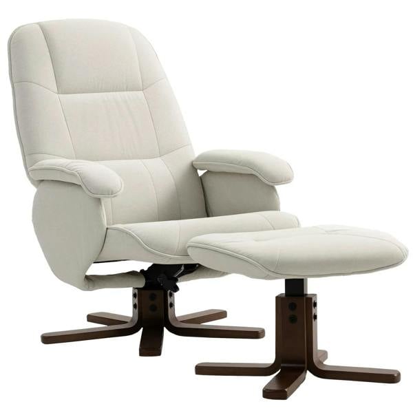 Beige linen swivel recliner armchair with footrest and wooden base