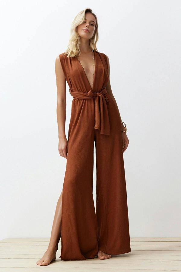 WOVCOR Woven Slit Maxi Beach Jumpsuit