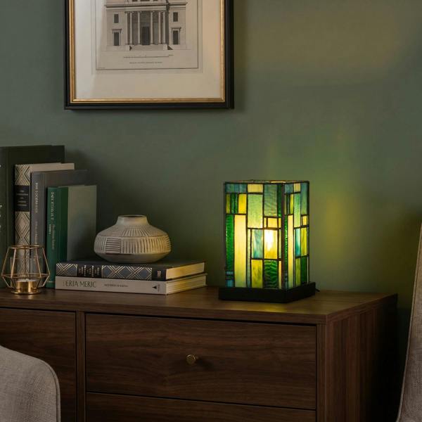 Designer Art Deco Tiffany Glass Table Lamp in Light and Dark Green Image 6