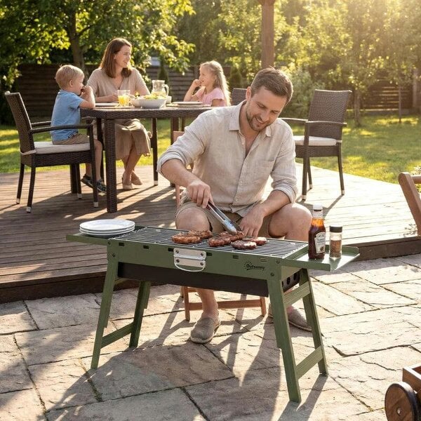 Bobobiy Portable BBQ Grill, Foldable Charcoal Grill for Camping and Picnics with 2 Side Shelves and Handle, Green