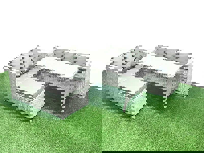 Fimous Rattan Garden Furniture Set 7 Seater Outdoor Sofa Set with Dining Table Big Footstool Light Grey Mixed