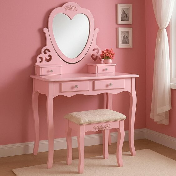 Kosy Koala Pink Heart Dressing Table Makeup Desk Vanity Set White Mirror Drawers Stool