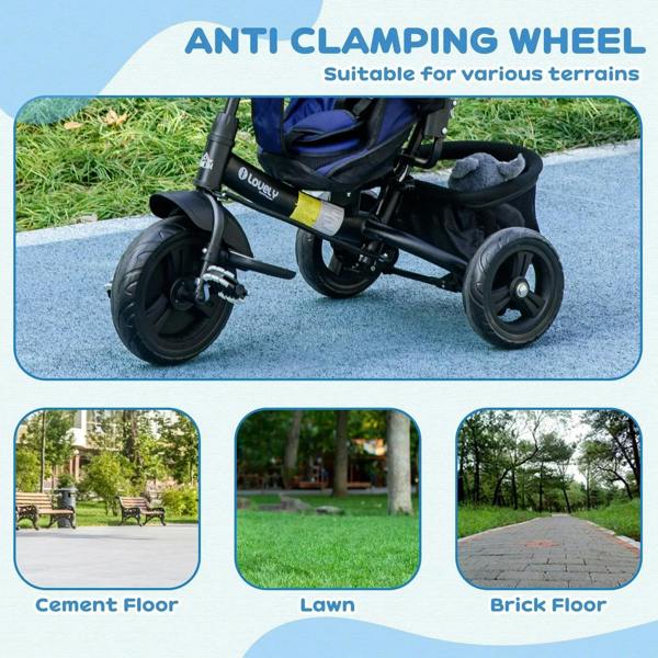 Kids trike push bike with anti-clamping wheels and dark blue seat
