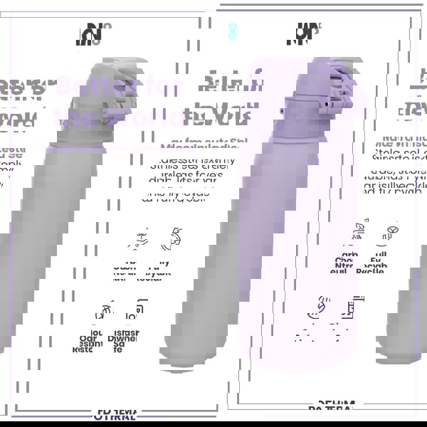 A lavender insulated steel water bottle sits on a white background. The bottle is shown alongside text advertising its durability, recyclability, and other features. ION8 and POD THERMAL are also visible.