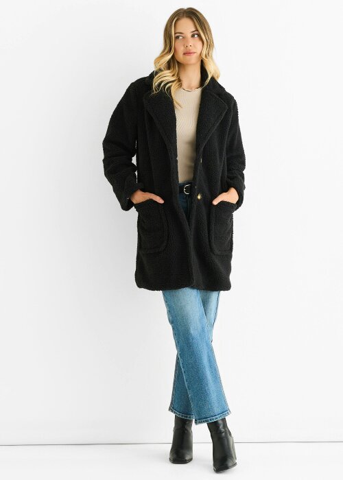 Gini London Black Faux Fur Longline Teddy Overcoat