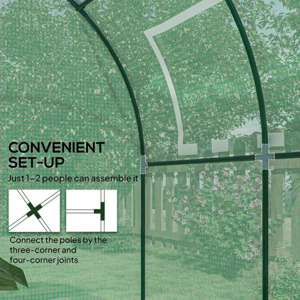 Green polytunnel greenhouse side frame with zip panel closure on arched roof