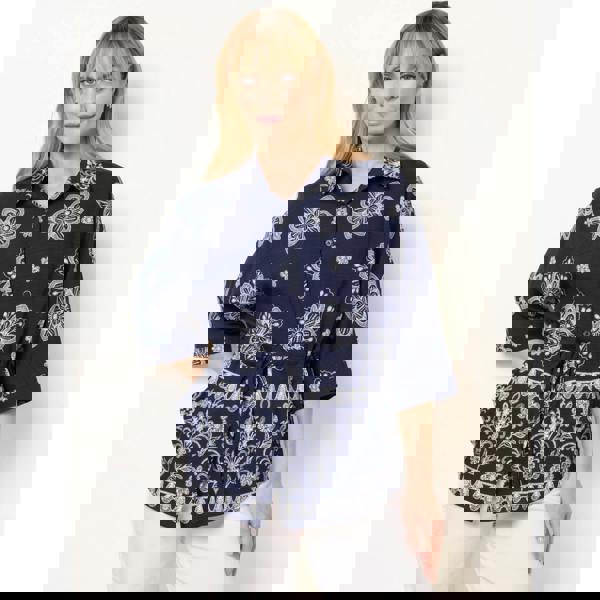 Blue Vanilla Floral 3/4 Sleeve Tie Waist Shirt