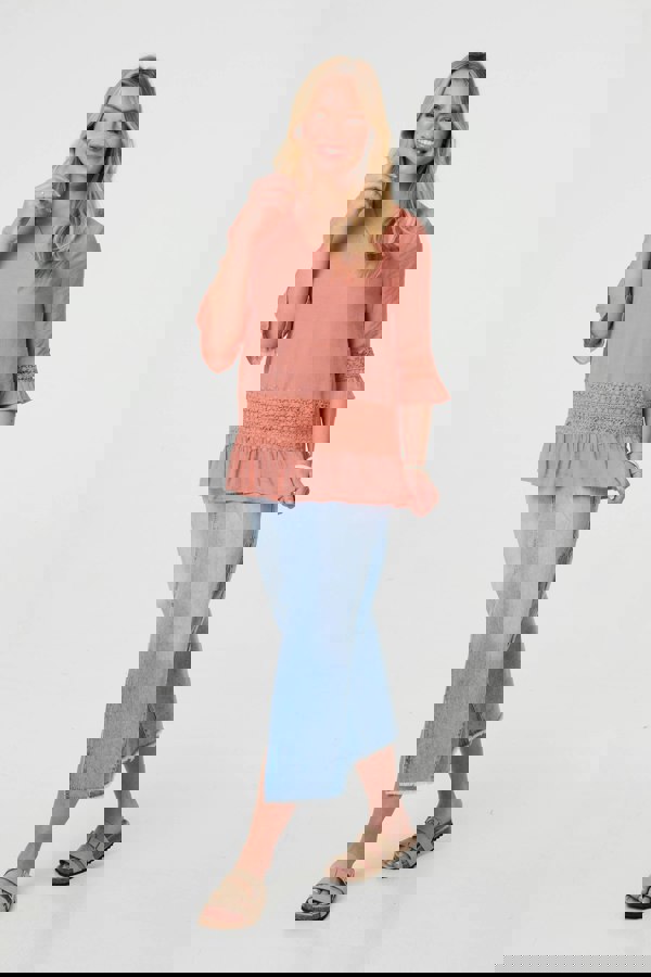 Pink | Lace Trim 3/4 Flared Sleeve Blouse
