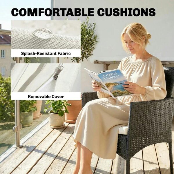 3 Piece Rattan Bistro Set, PE Wicker Garden Furniture Conversation Set with 2 Tier Glass-Top Table, Chairs, Cream White