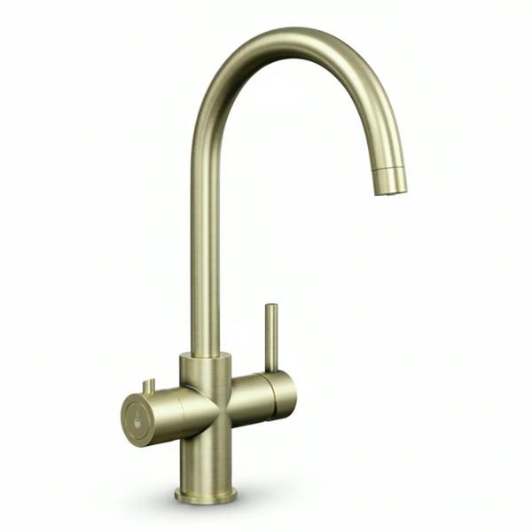 Brushed brass boiling water tap on a white background