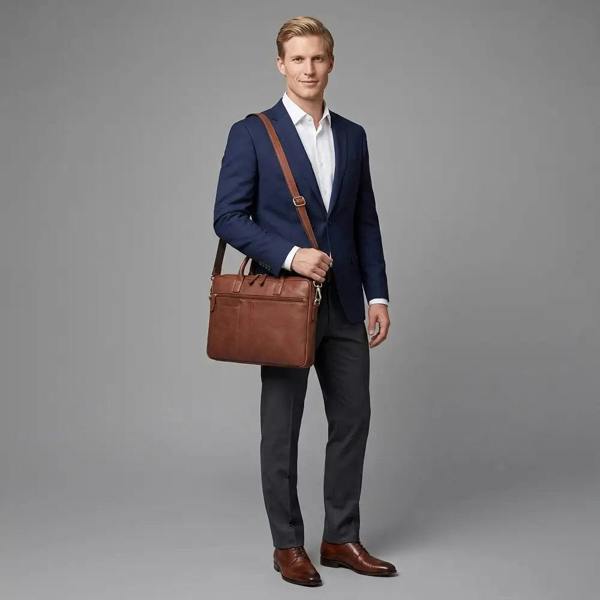 Man in a blue suit holding a brown leather bag against a gray background