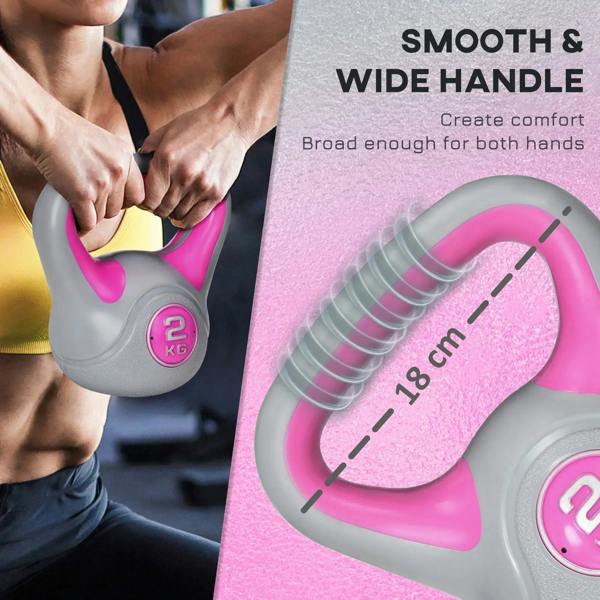 Pink and grey kettlebell with wide, curved handle and visible spring structure