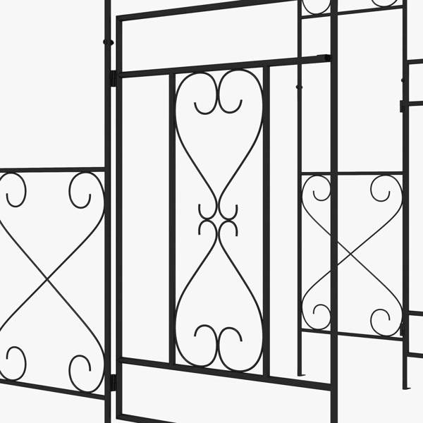 Close-up of black double gate panel with heart-shaped scroll metalwork