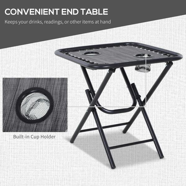 Folding end table with light grey top and built-in cup holder on dark metal frame