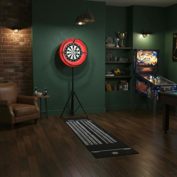 Dart board set with LED surround in a cozy game room, featuring a red illuminated ring, dark wood floor, and vintage decor
