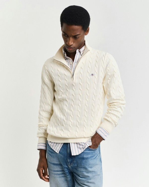 GANT Mens Cotton Cable Half Zip Jumper - 130 Cream