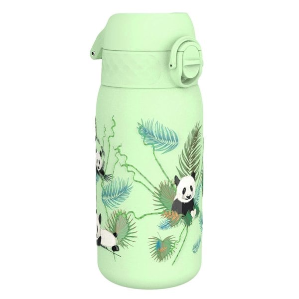 A light green water bottle features illustrated pandas amidst green leaves and ferns against a plain white background.