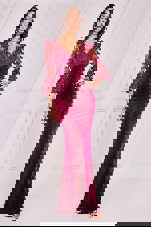 Scalloped Lace & Velvet Maxi Dress - Burgundy DR3972