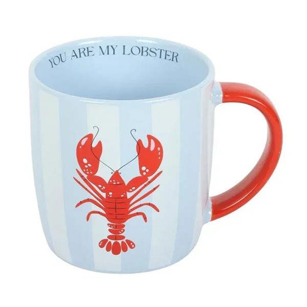 Light blue striped ceramic mug with red handle, central red lobster graphic and 'YOU ARE MY LOBSTER'