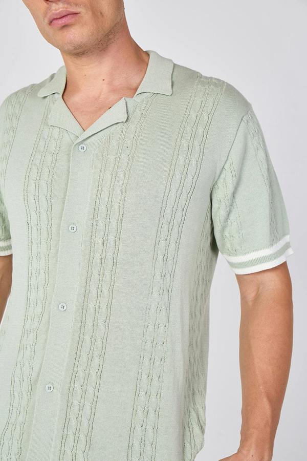 Sage Green Textured Knitted Button-Through Polo Shirt - Pistachio Green