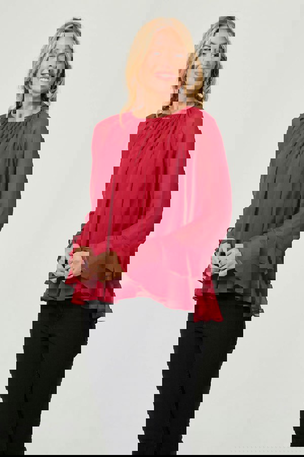 Red | Semi Sheer Long Sleeve Ruffled Blouse
