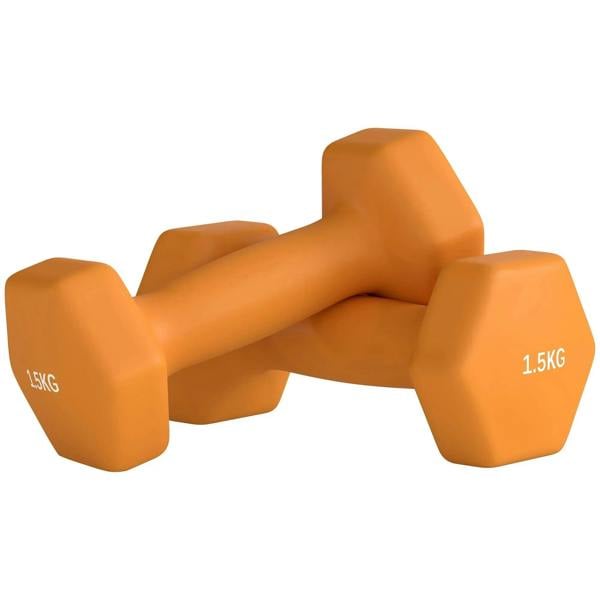 Orange hexagonal dumbbells, 1.5kg each, non-slip grip