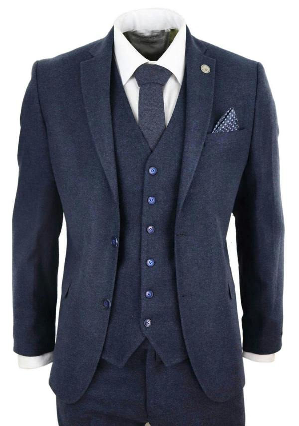 TruClothing Mens 3 Piece Navy Blue Wool Tweed Vintage Retro Suit