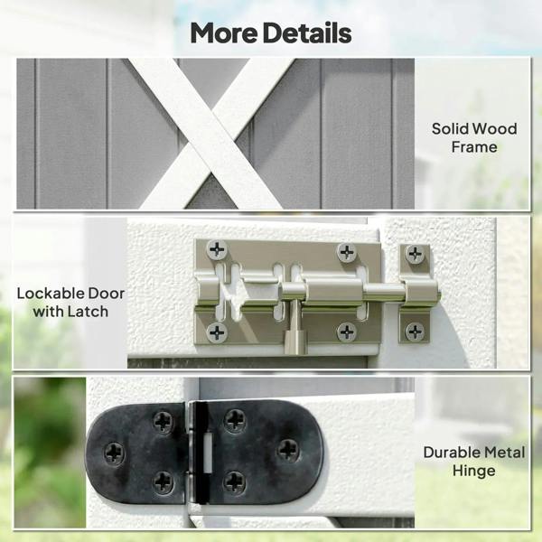 Grey wooden small shed detail view: lockable latch, metal hinges, and white X-brace door