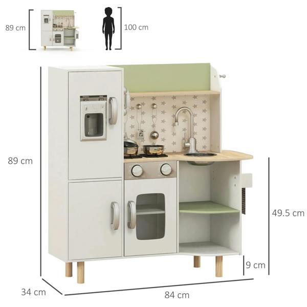 White kids play kitchen with ice maker, stovetop knobs, sink faucet, and side open cabinet