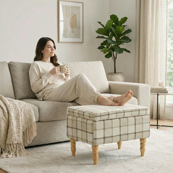 Linen Fabric Upholstered Footstool, Rectangular Storage Stool with Removable Top, Padded Seat and Hidden Space, Brown - Brown