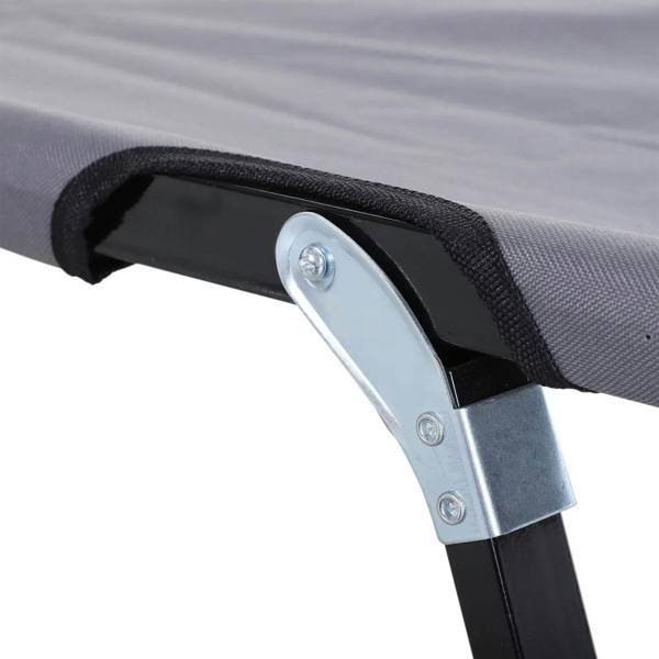 Grey cot fabric edge with black strap and silver metal corner bracket