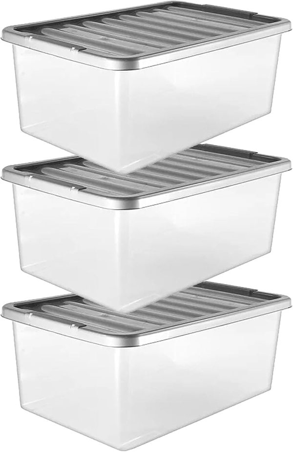 4 x 32 Litre Underbed Multipurpose Storage Boxes With Silver Lids