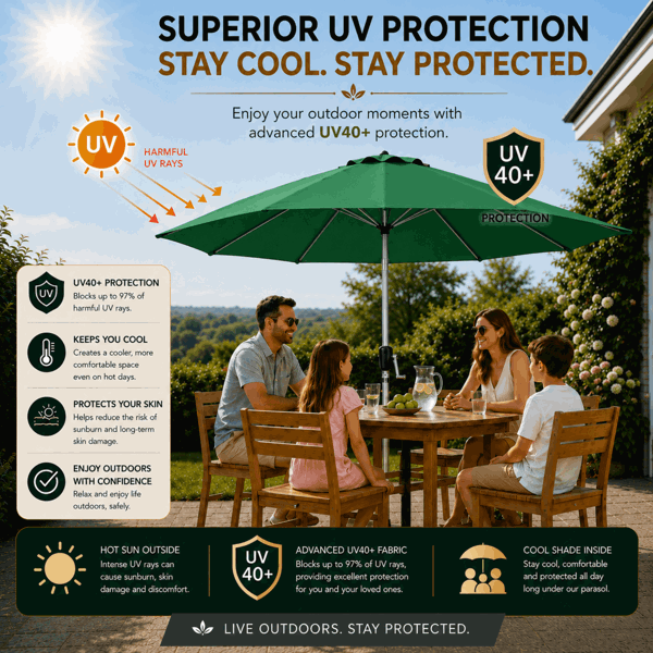 GlamHaus Tilting Garden Parasol Table Umbrella 2.7M with Crank Handle, UV40 Protection, Includes Protection Cover - Green