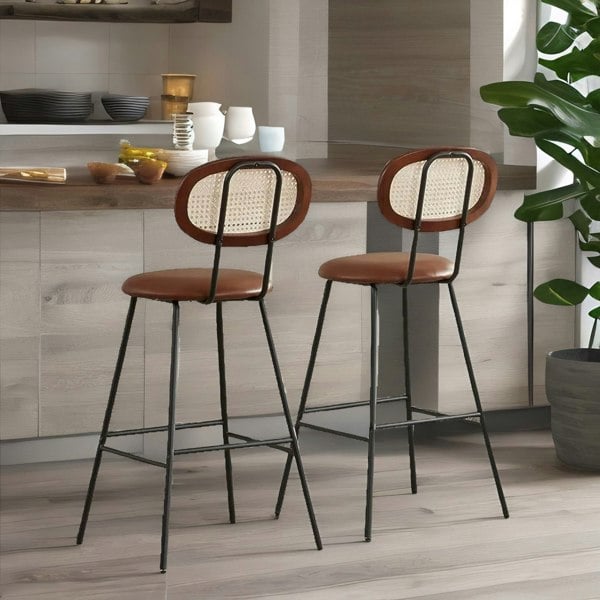 Rafaelo Mobilia Set Of 2 Faux Leather Bar Stools With Rattan Back Whiskey Brown