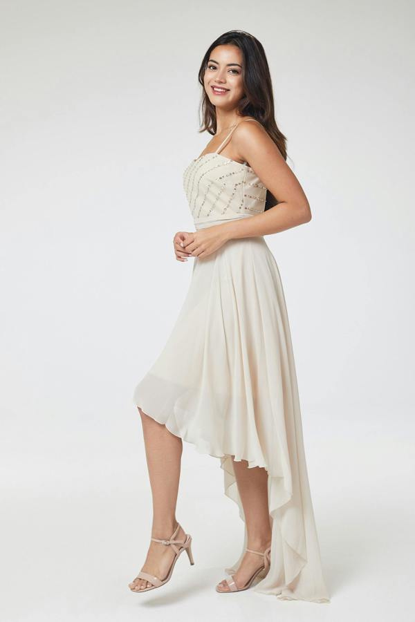 LuvForever Nude Sequin Asymmetric Long Dress