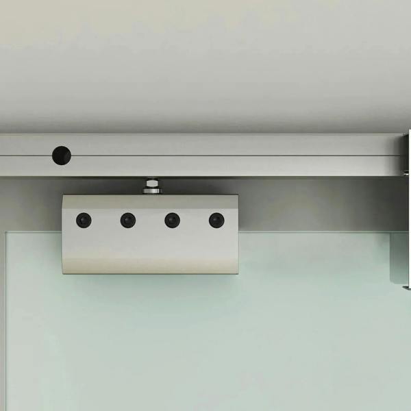 Sliding door hardware: roller track with white mounting plate and black wheels