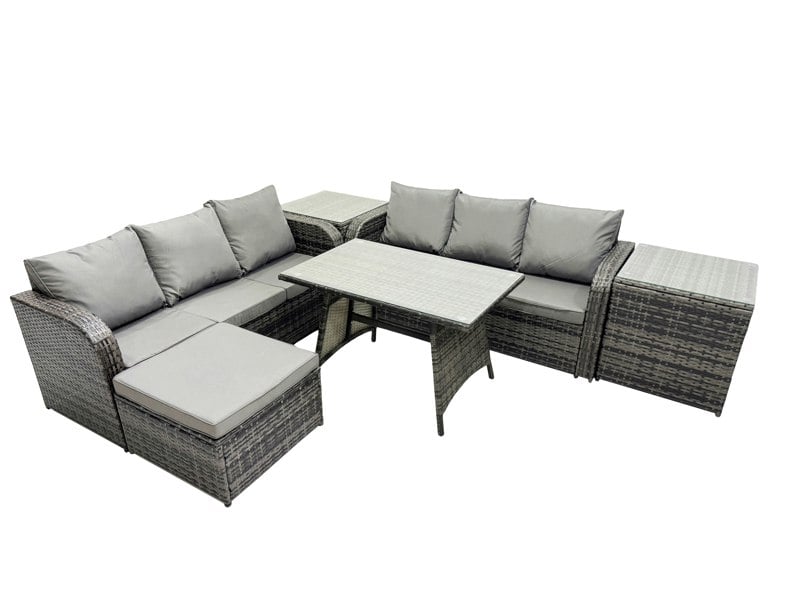 Fimous Garden Rattan Outdoor Furniture Set 7 Seater with 3 Seater Sofa Big Stool 2 Side Table Dark Grey