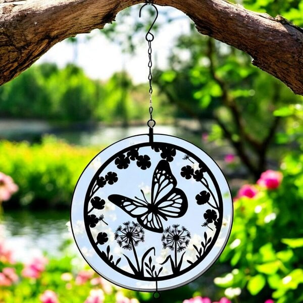 EDH Door Hardware Black Metal Butterfly Hanging Silhouette Orbit Spinner – 39cm x 23cm | Elegant Outdoor Garden Décor | Wind Spinner