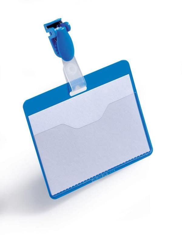 Durable Clip Name Tag ID Badge Card Holders + Inserts | 25 Pack | 54x90mm | Blue