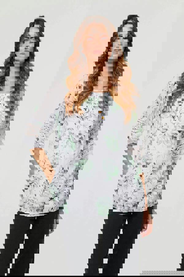 Green | Floral Lace Tie Front Relaxed Blouse