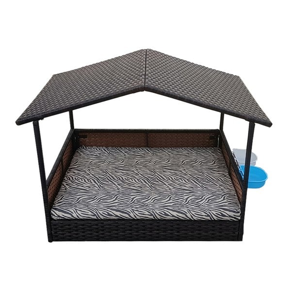 Furniture One Outdoor Rattan Wicker Dog House with Canopy, Outside Dog Shelter with Removable Cushion Lounge, Dog Bowl & Washable Cover