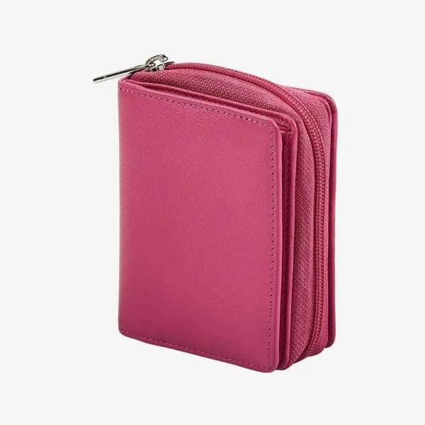 Pink leather purse for women with secure zip closure