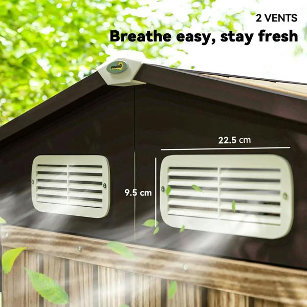 Oak metal garden shed roof vents with two louvered air openings close-up